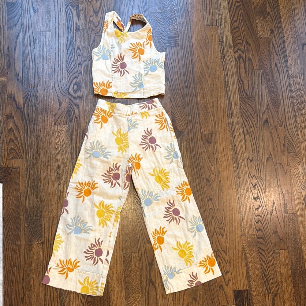 Zara Girls Yellow and Orange print Crop Top Wide Leg Pant Set